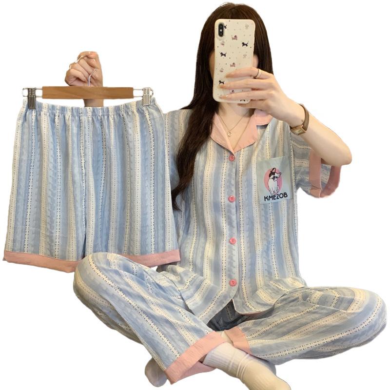 Fashion Small Fresh Cloud Cotton Pajamas Women'S Summer Short-Sleeved Three-Piece Set Contrasting Color Striped Puppy Loungewear