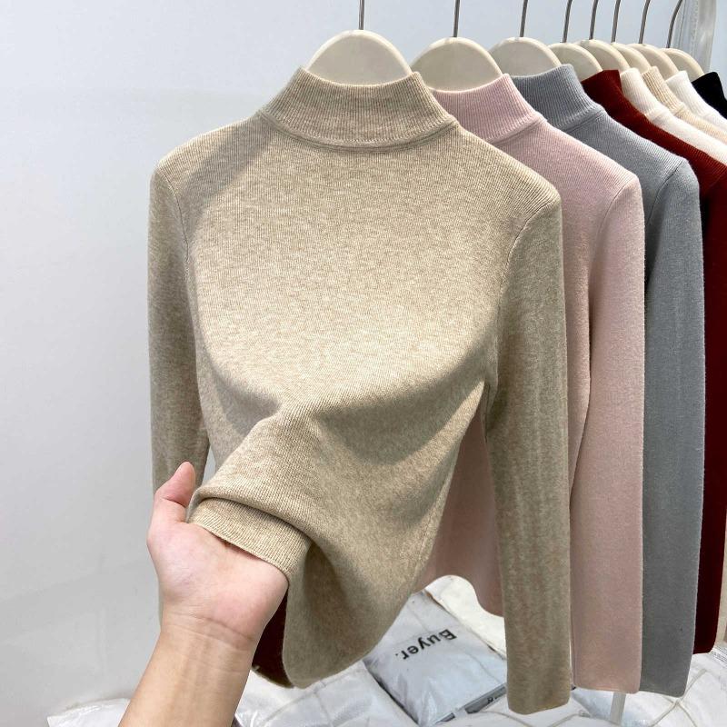 Angola red knitted bottoming shirt women's autumn and winter semi-turtleneck slim-fitting top soft waxy sweater