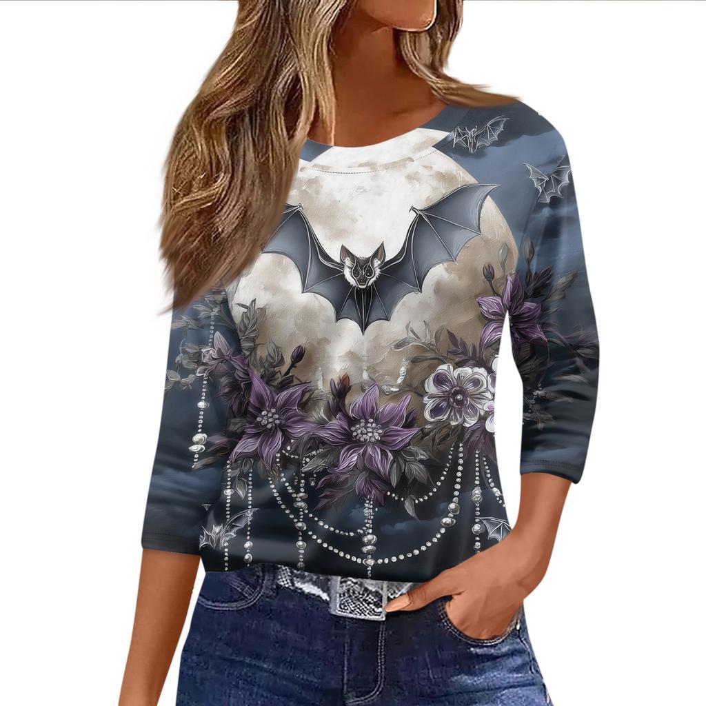 Women's 3/4 Sleeve Loose Fit Casual Shirt Round Neck Halloween Print T-Shirt Top for Everyday Wear