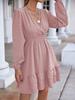 Women V Neck Long Lantern Sleeve Dress, Ruffle Hem A Line Flowy Dress, Elegant Commuter Midi Dress for Spring