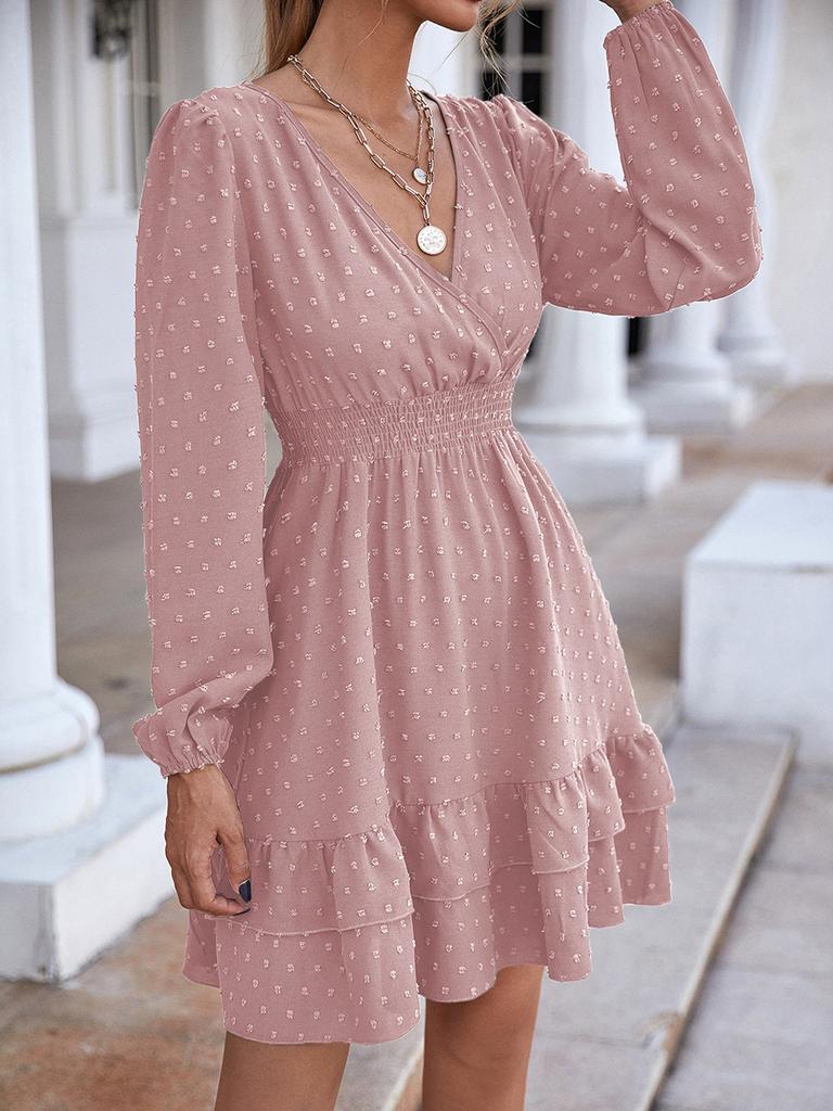 Women V Neck Long Lantern Sleeve Dress, Ruffle Hem A Line Flowy Dress, Elegant Commuter Midi Dress for Spring