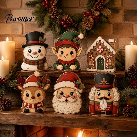 Decorative Christmas Scene Set 6Pcs Wooden Tabletop Signs, Xmas Sign Decor, Santa Winter Holiday Home Accents Snowman Reindeer Gingerbread House