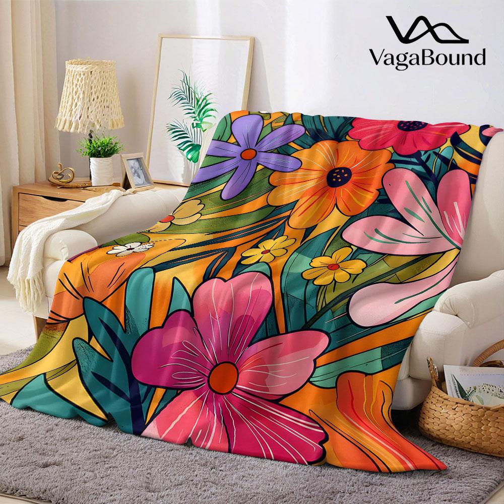 orange tropical floral Flannel Blanket Warm Soft Halloween Christmas Decorative Couch Warm Cozy All-Season Gift