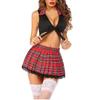 Women Sexy School Girl Cosplay Costumes Babydoll Sexy Lingerie Suspender Tops and Plaid Skirt Set Student Uniform Role Play