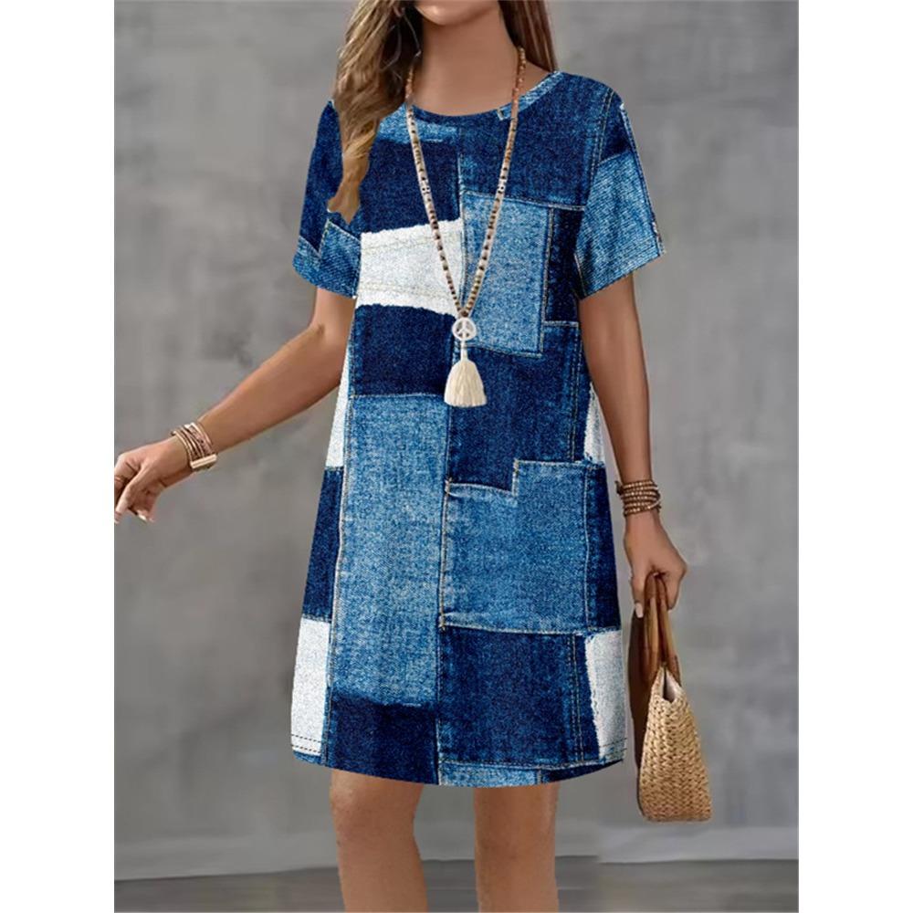 Women's Summer Short Seeved Round Neck Casual Mini Dress Vintage 3D Imitation Denim Printed Dress Elegant Women's Dress Vestidos