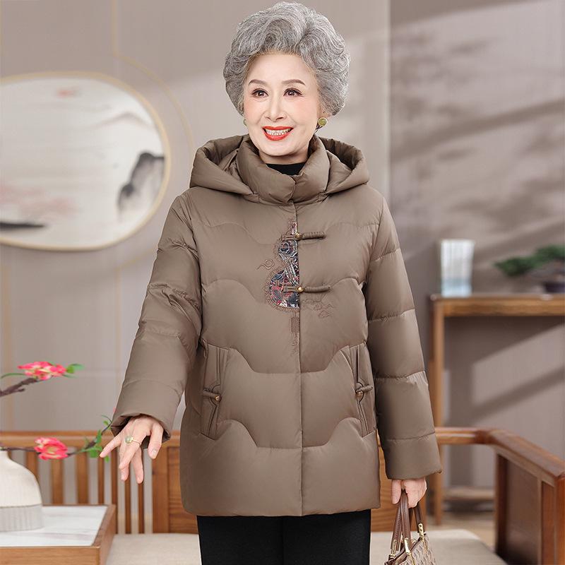 Elderly Women's Hooded Down Jacket - Warm Cotton Coat for Winter, Chinese Style, for Middle-Aged and Elderly