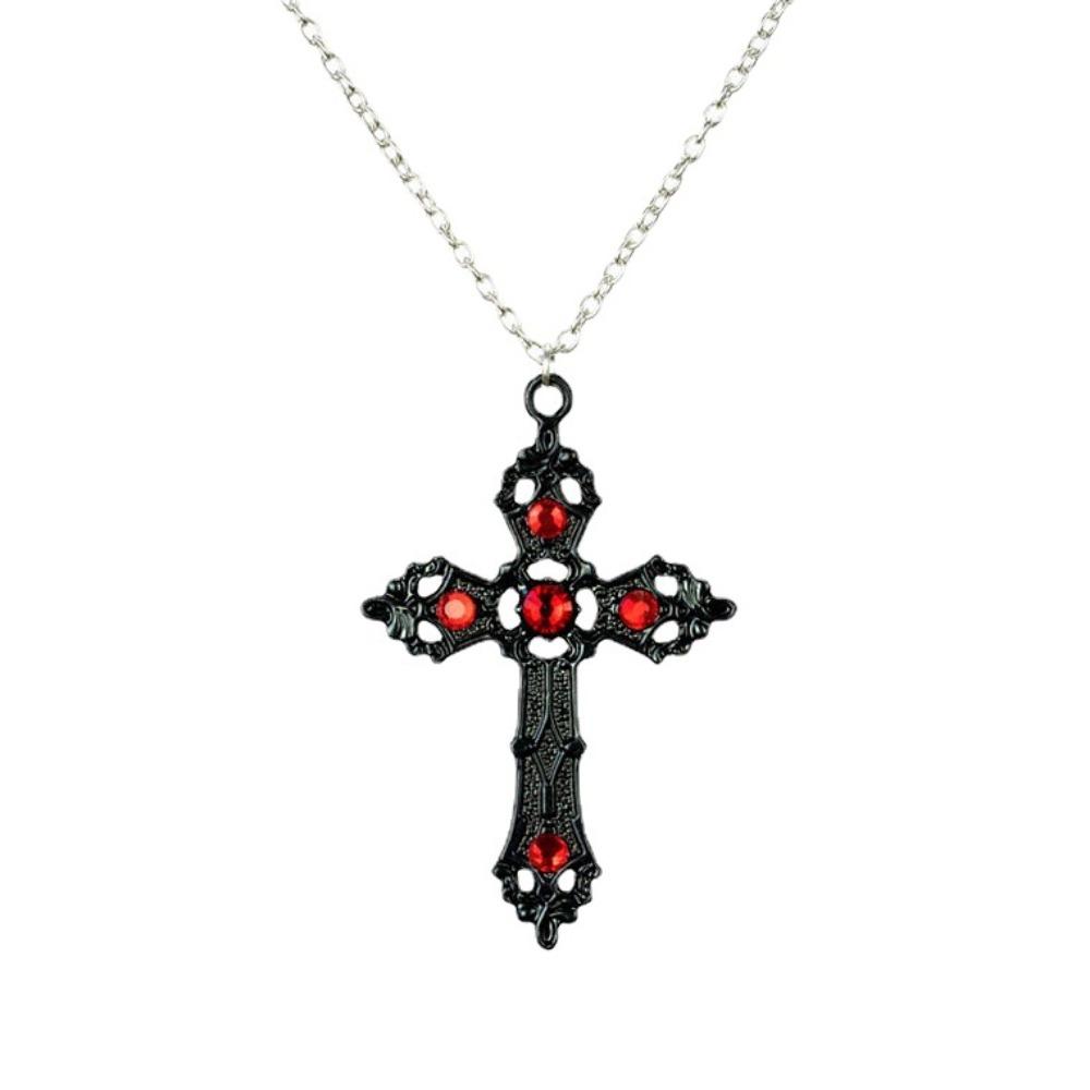New Gothic Dark Retro Hollowed-out Cross Red Zircon Big Pendant Necklace for Women Men Halloween Party Jewelry Accessories Gifts