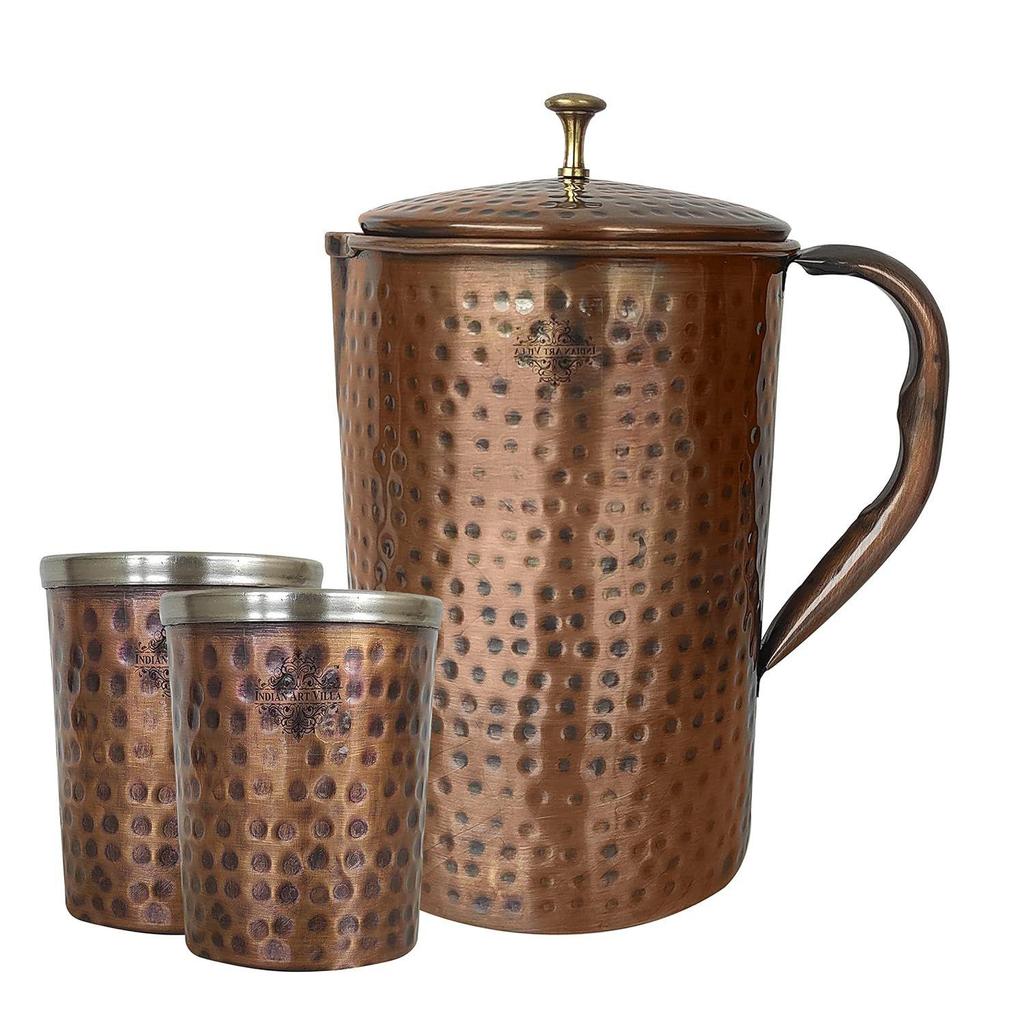 Pure Copper Drinkware Gift Set of 1 Jug & 2 Glass with Gift Box & Antique Dark Hammered Design, Jug-1.5 Litre & Glass-300 ML