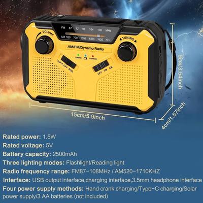 Emergency Solar Hand Crank AM FM Portable Radio 2500mAh Power Bank LED Torch Reading Light for Camping Hiking