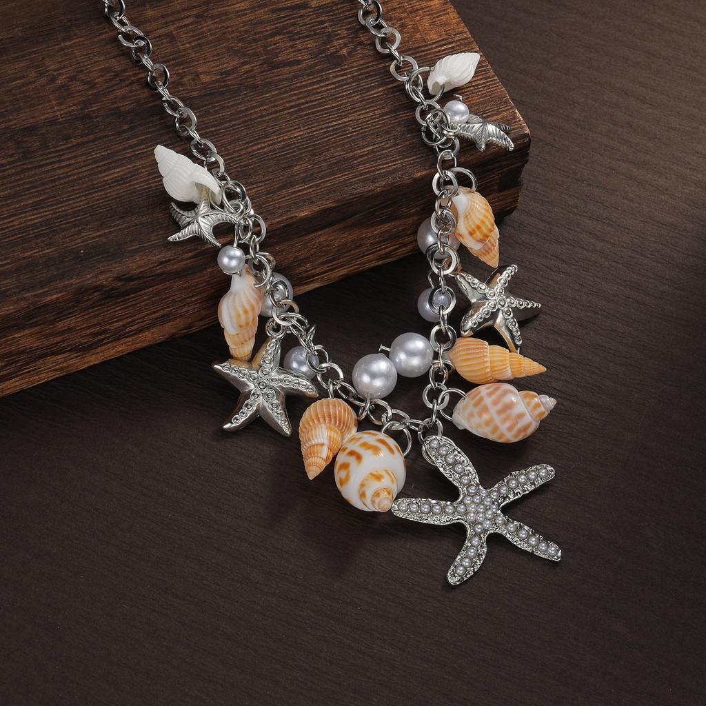 Bohemian Style Conch Shell Starfish Pearl Pendant Tassel Short Women's Necklace Suitable for Vacation