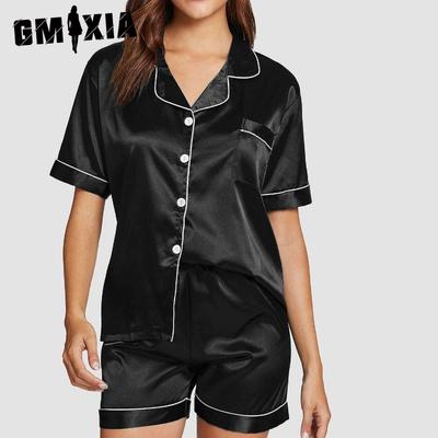 Women's Stretch Satin Shorts Short Sleeve Solid Summer Pajamas Loungewear