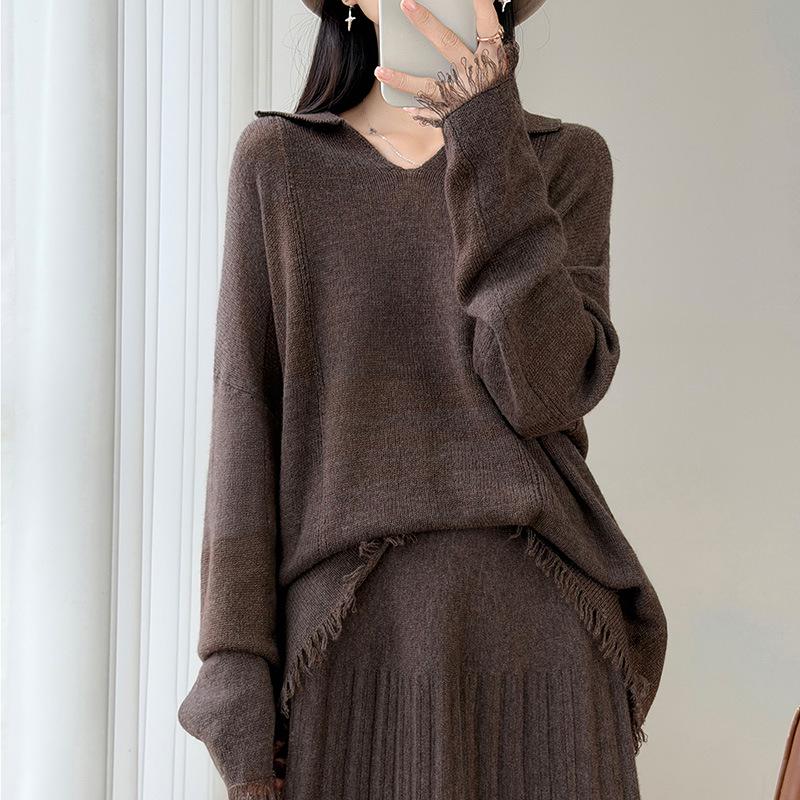 Women's Early Autumn 100% Wool Tassel Lapel Sweater - Stylish Loose Knitwear with Drop Shoulders