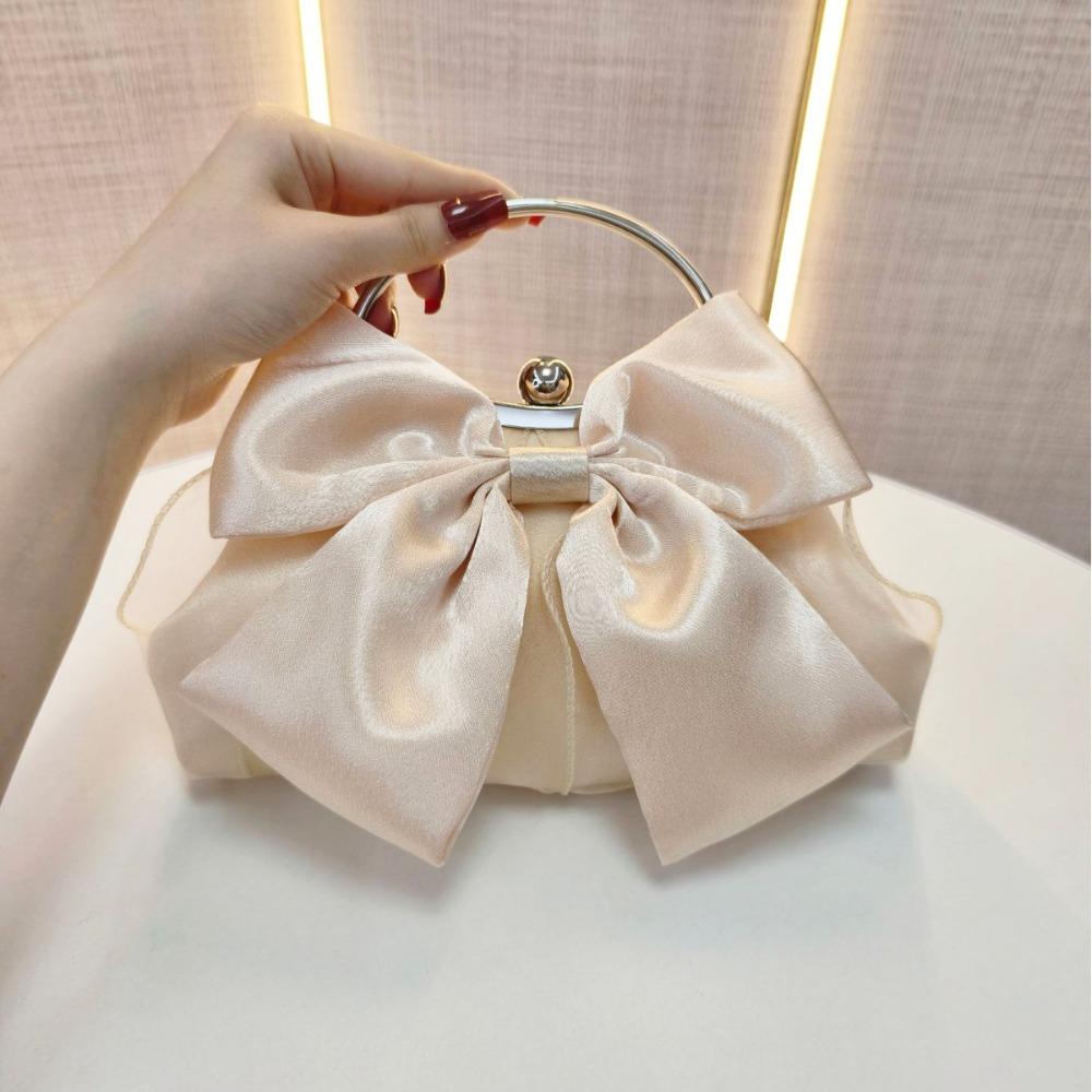 Metal Handle Bridal Clutch Bag Satin Bow Wedding Purse Luxury Bow Evening Handbag  Women
