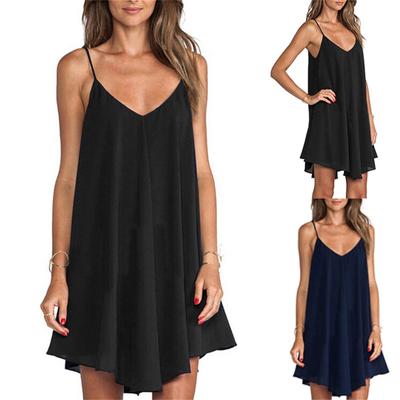 Damen Frühling Sommer V-Ausschnitt einfarbig Chiffon ärmelloses Kleid Sexy Sling-Kleid
