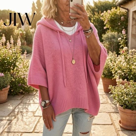 Fall Pullover Sweater Autumn Women Knit Sweater, Loose Fit Drawstring Hooded Solid Color 3/4 Sleeve Drop Shoulder Casual Long Tops