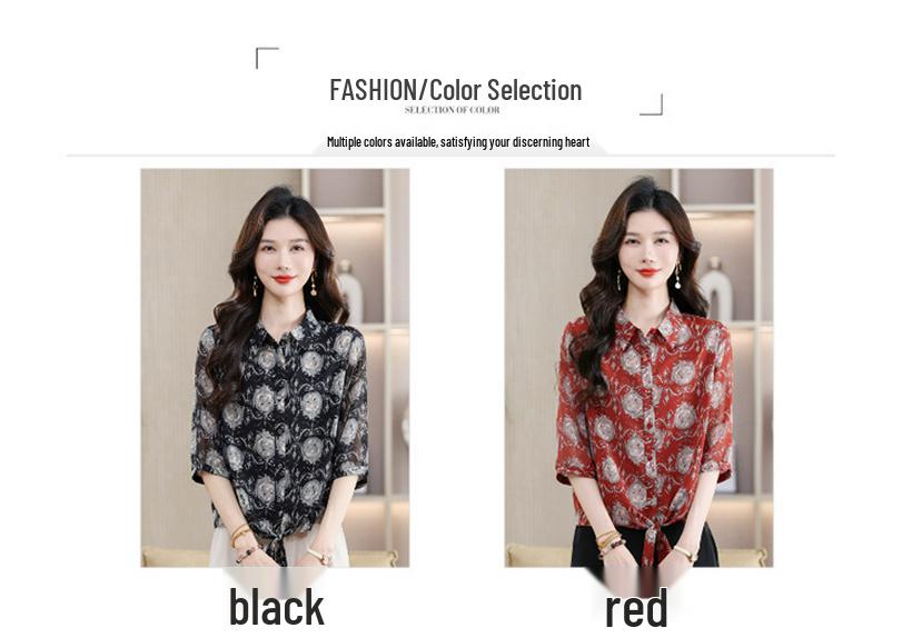 Elegant Summer Silk Print Women's Seven-Sleeve Top