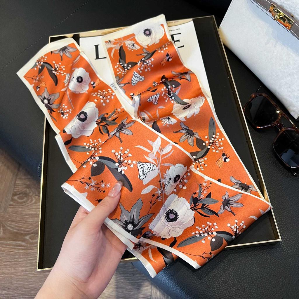Long Silk Scarf Women's New Small Silk Scarf Printing Simulation Silk Tied Bag Streamer Explosion Sweet Little Scarf
