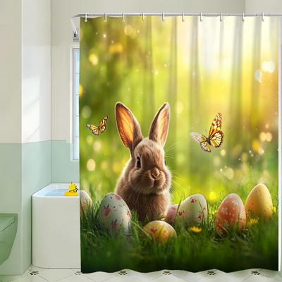 1 Piece Easter Bunny and Eggs Shower Curtain - Polyester, Nature-Inspired Bathroom Decor for All Seasons | Holiday Themed Decor