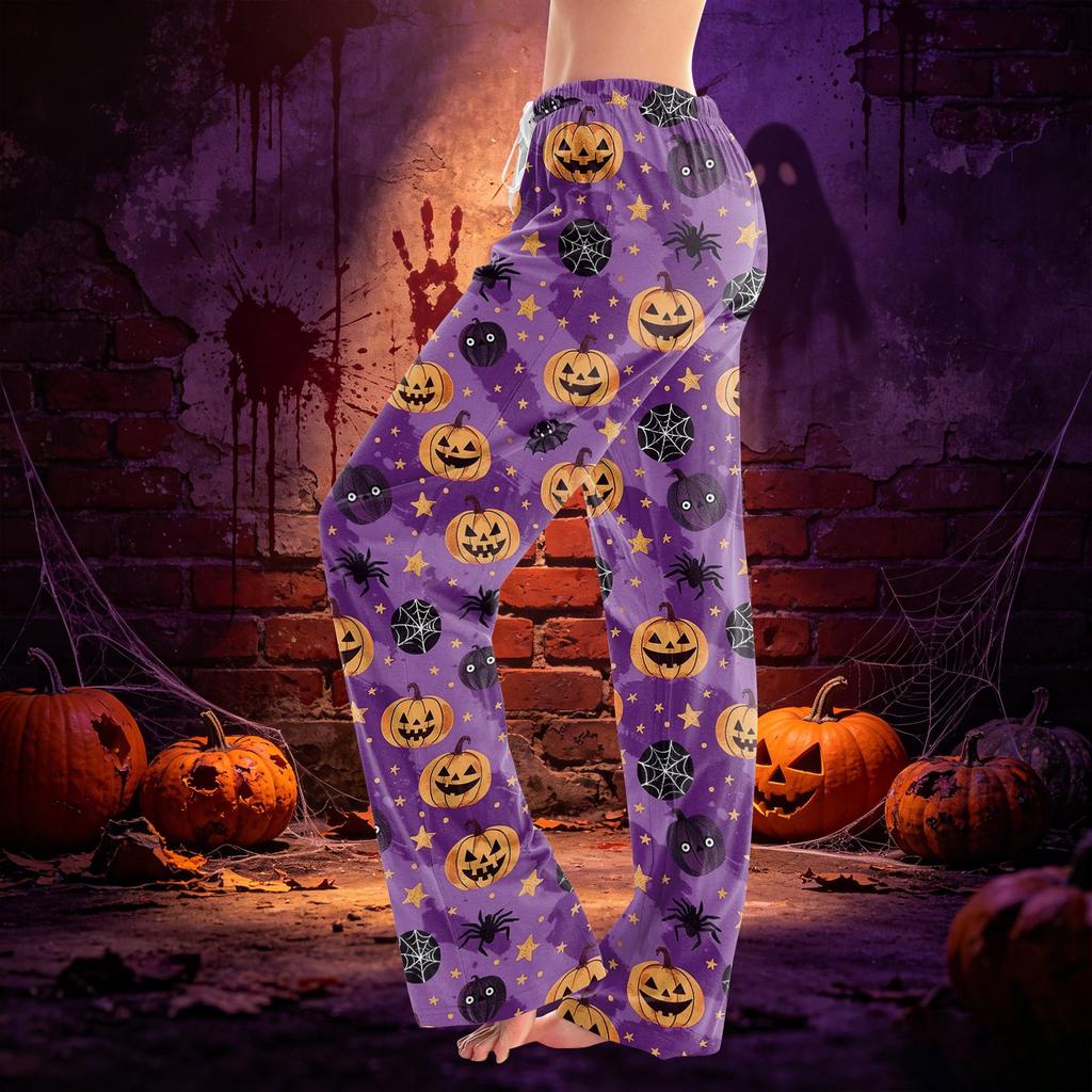 Women’s Drawstring Halloween Printed Long Pants Loose Fit Elastic Waistband Casual Trousers for Daily Wear Outdoor Home