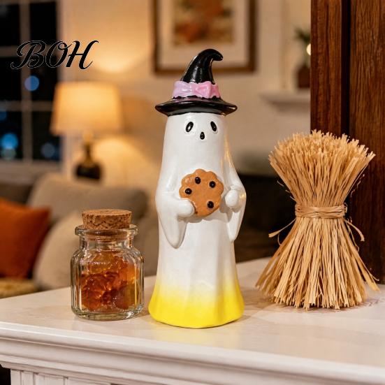 Desktop Decor for Halloween Cute Ghost Ornament, Resin Figurines with Cake/Cookie Design Fireplace Home Holiday Party Decoration Fun Gifts Kids
