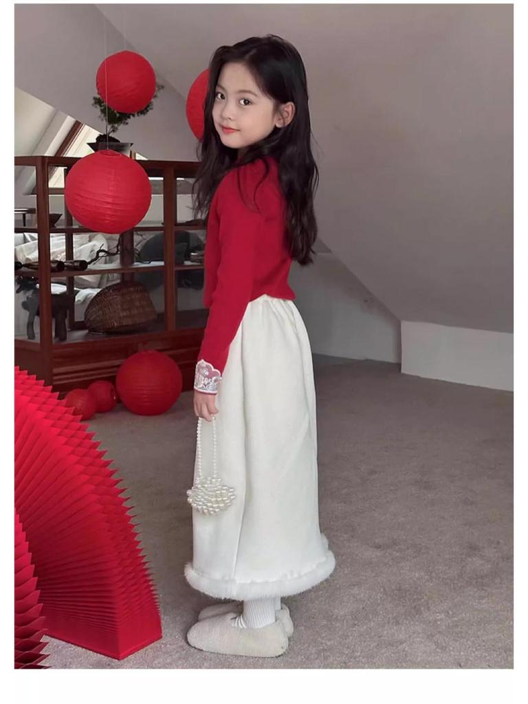 Girls' Chinese Style Red Qipao Collar Sweater for Winter and New Year