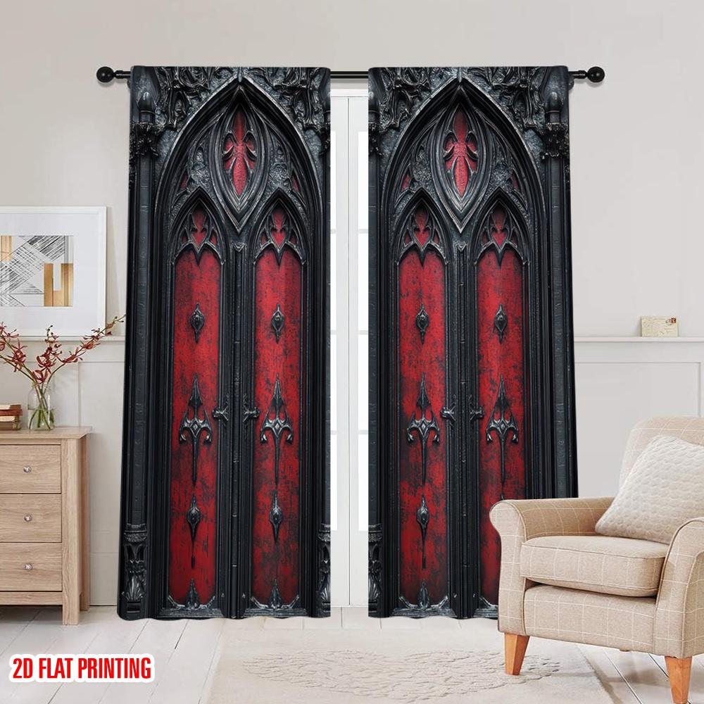 2D flat printing 2pcs Curtain Gothic Castle Machine Washable Fabric  Without Electricity Holiday Decorations for Classroom