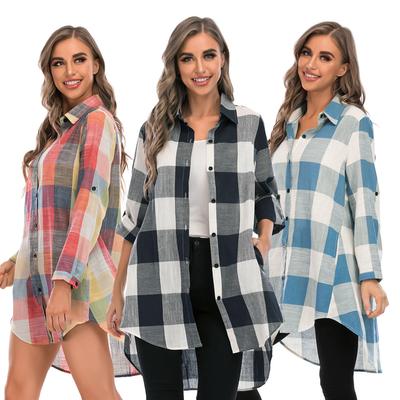Frauen Plaid Shirt mit Lange Roll-Up Ärmel Taschen Button Down Drehen-unten Kragen Lose Casual