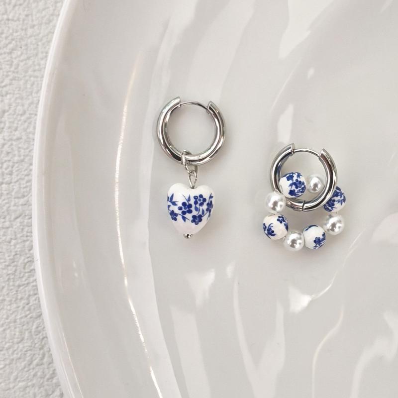 1 Pairs Chinese Style Imitation Blue And White Heart Ceramic Pendant Earrings Stainless Steel Ear Buckle Accessories