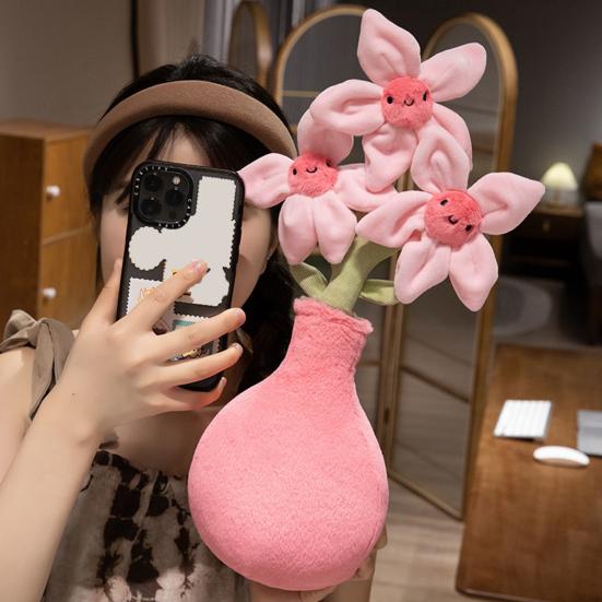 Blooming Peach Blossom Plush Potted Toy Soft Stuffed Flower with Smiling Face 40cm Adorable Home Office Decor Photography Prop Gift for Plant Lovers