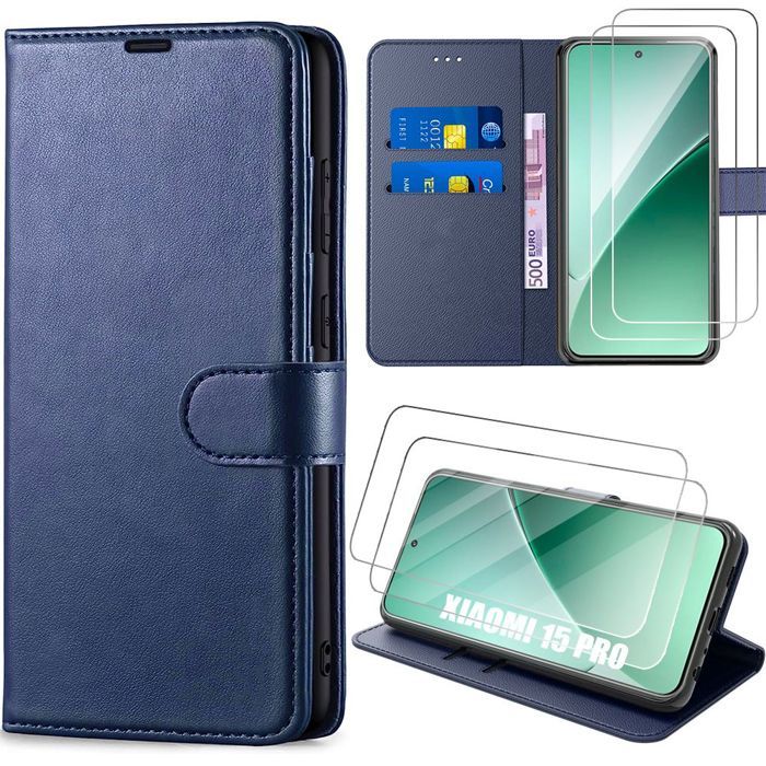 Coque + 2 Verres Trempés pour Xiaomi 15 Pro, Flip Case Cuir Synthétique Souple Antichoc Anti-Rayures - Bleu Marine