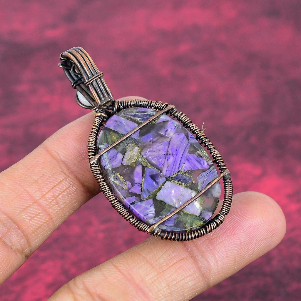 Tree Of Life Charoite Pendant Copper Wire Wrapped Rainbow Moonstone Pendant