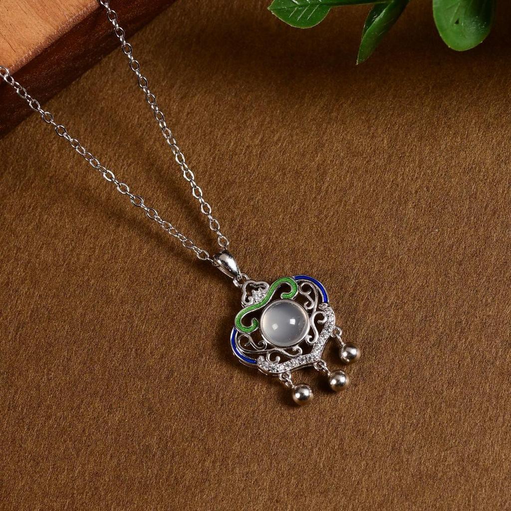 Sterling Silver Chalcedony Necklace with Auspicious Cloud Design