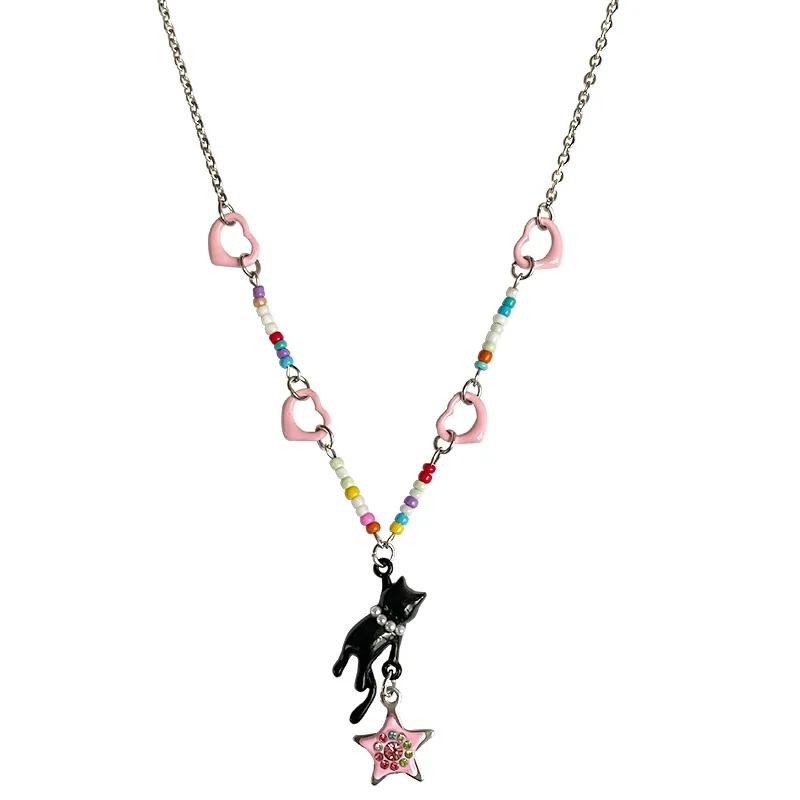 Black Cat Chain Stars Pendant Necklace for Women Girls Y2K Trendy Heart Choker Necklaces Sweet Fashion Jewelry Neck Accessories