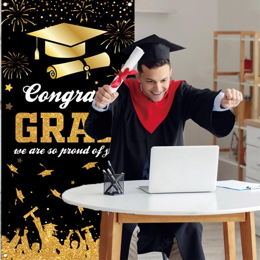 180x90cm Graduates Theme Background Black Gold Happy Graduation Banner  School Party Decor