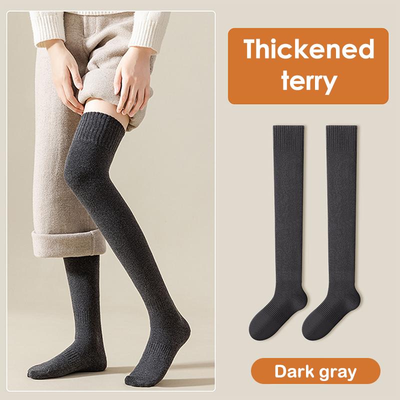 Calcetines largos y cálidos de invierno para mujer, de tubo grueso y alto, por encima de la rodilla, hasta la rodilla, de rizo, de color liso, gruesos, hasta la pantorrilla
