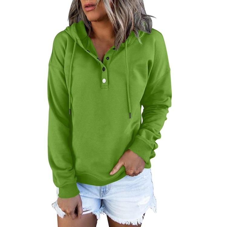 Women Fashion Long Sleeve Casual Solid Color Hooded Sweatshirt Top with Button Front