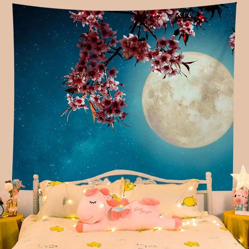 Tapestry Flower Moon Night Home Aesthetics Living Room Wall Decoration Hanging Background Cloth