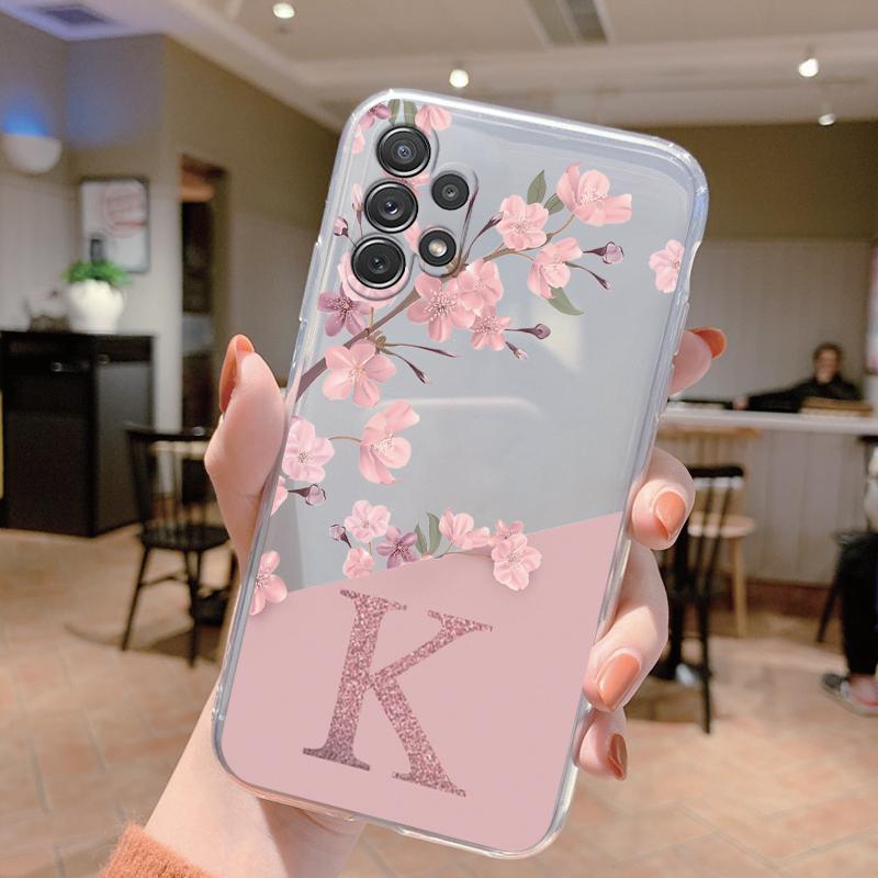 Initial Letter Case For Samsung A32 A22 A12 A13 A33 Capa Fashion Phone Cover Pink Flowers Alphabet Transparent Clear Back Funda