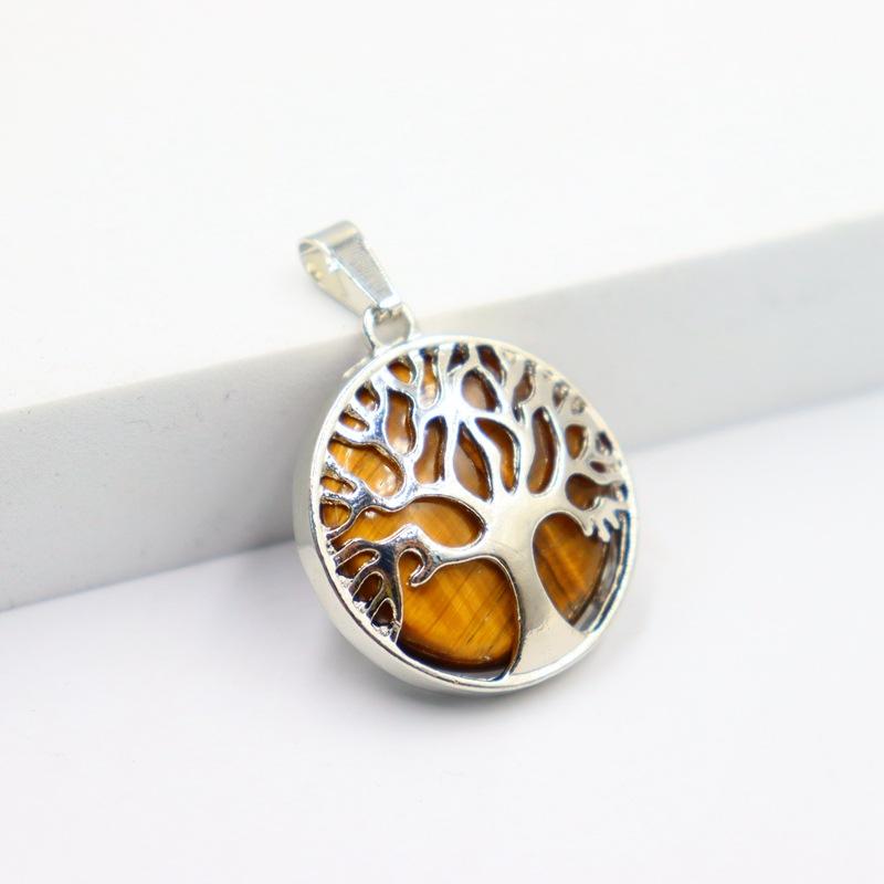 JMXD-Tree of Life Pendant Necklace Round Natural Stone Retro Fortune Tree  Hollow Peace Tree Necklace