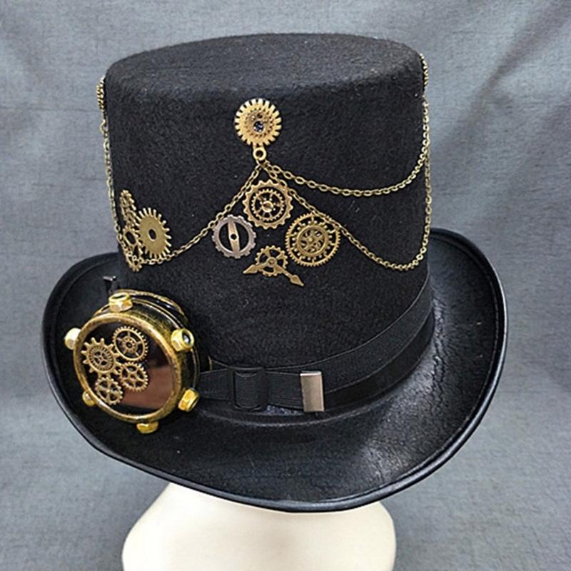 Steampunk Top Hat with Goggles Halloween Metal Gear Decor Hat Gothic Cosplay Magician Hat Unisex Jazzs Hat