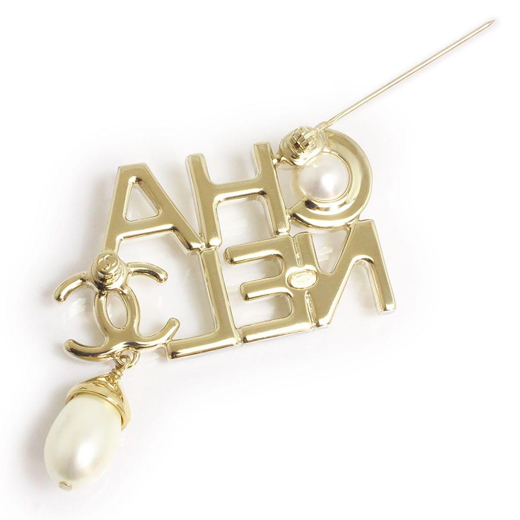 Used Chanel AB9526 Logo Pearl Gold Black Brooch with Box (New Unused)