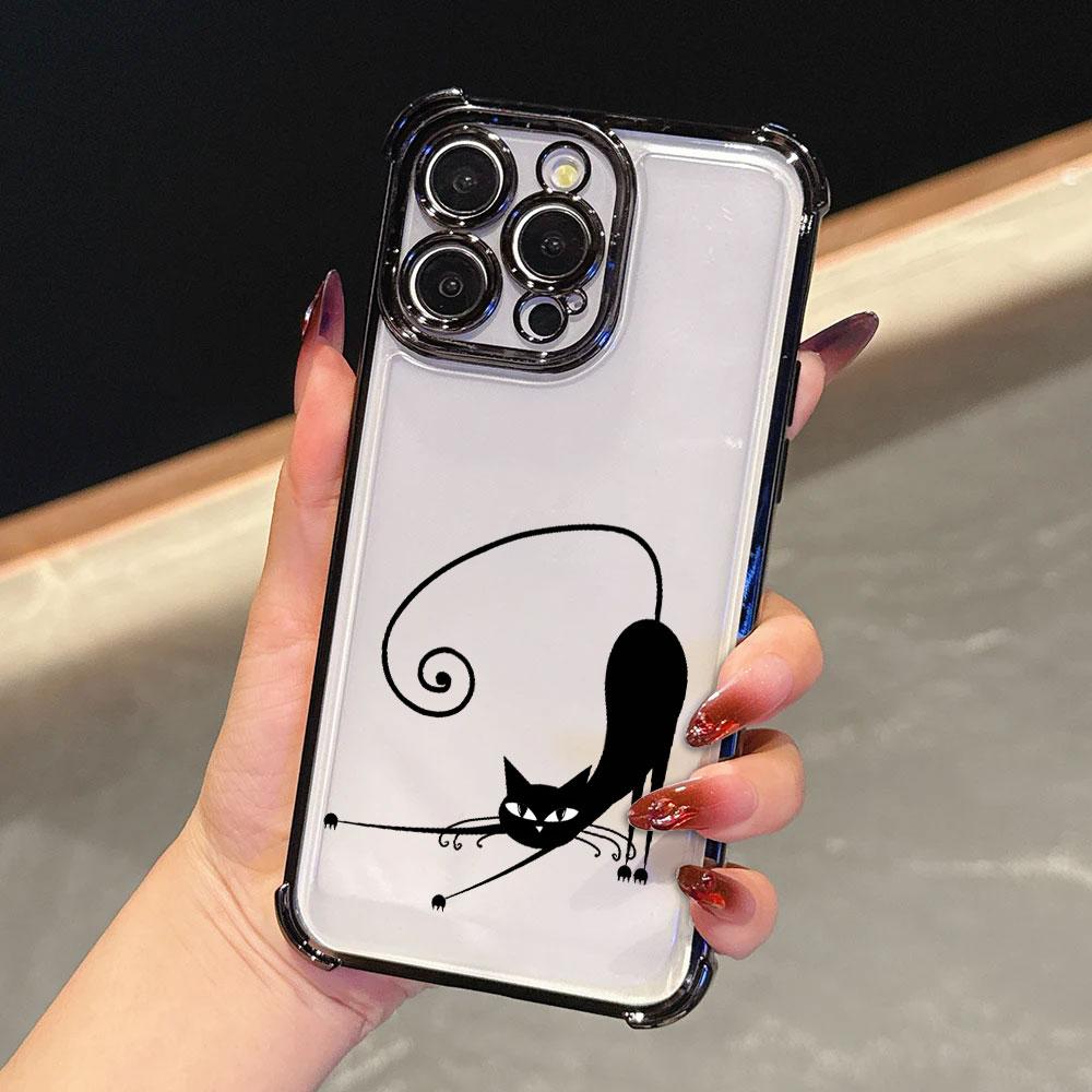 Cartoon Cute Little Black Cat Funda For iPhone 17 Pro 16 15 14 13 12 11 Pro Max Case 17 Plus 17E 16E 17Air Silicone Phone Cover