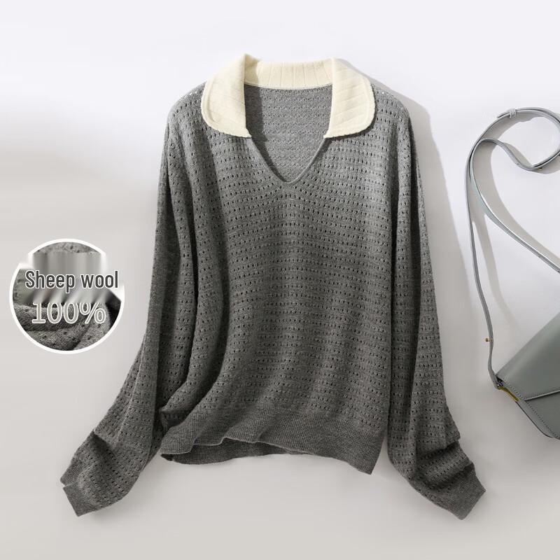 Женский свитер 100% шерсть мериноса, цветоблоки, отложной воротник One Size