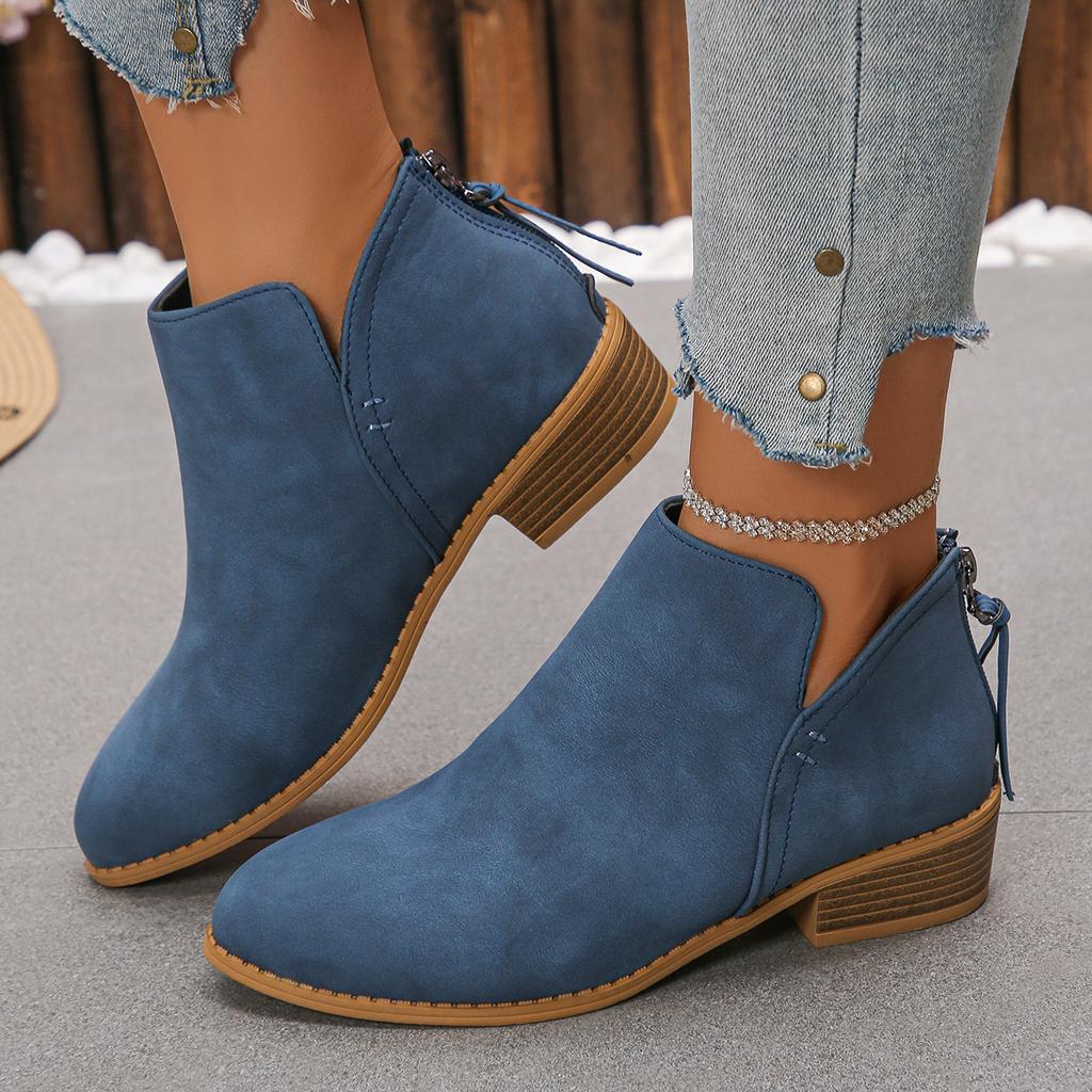 New Large Size Fringed Thick Heel Short Leather Boots Women's Pointed Thick Heel Rear Zipper and Ankle Boots Women's Martin Boots