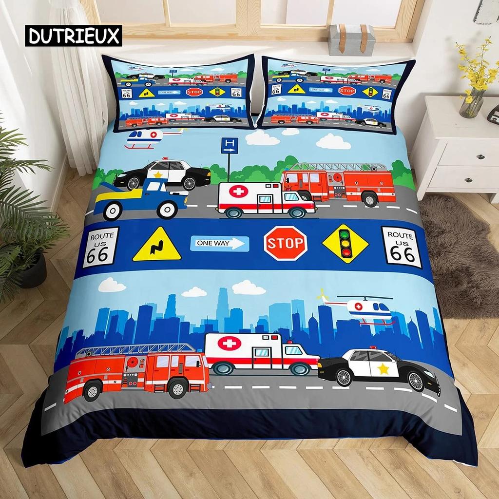 Kids Equipment Trucks Duvet Cover King Boys Cartoon Car Bedding Set Construction Highway Comforter Cover Set