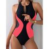 Women's One Piece Swimsuit Color Block High Neck Zipper Athletic Swimwear, Slim Fit Bathing Suit for Lap Swimming Training