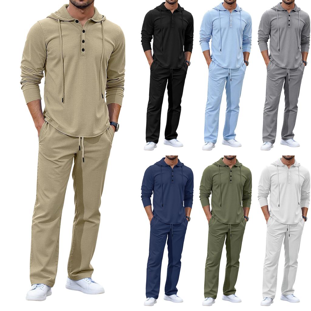 Men Fashion Leisure Hooded Hood Button Upper Garment Trousers Set