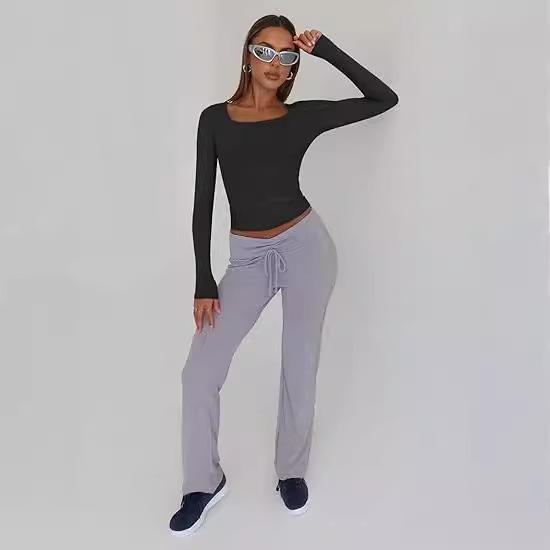European & American Women's Slim-fit Milk Silk Long-sleeve Navel-baring T-shirt - Autumn Fashion Pullover.