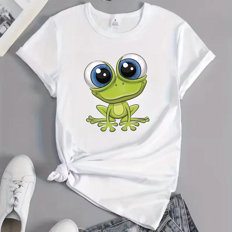 

Cartoon Cute Big Eyed Frog T-shirt Women s Fashionable Short Sleeved T-shirt Casual and Comfortable Short Sleeved Top Y2K XS белый