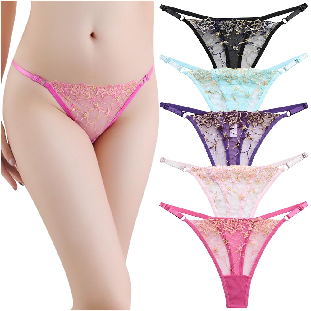 TUOTISI Lace T-Back Panties 5-Pack for Women Sheer Floral Embroidered Thongs Stretch Nylon & Cotton Crotch Sexy, Breathable, Adjustable Fit